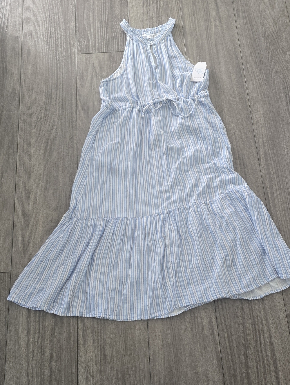 NWT Time and Tru Light Blue & White Striped Halter Dress 100 % Cotton